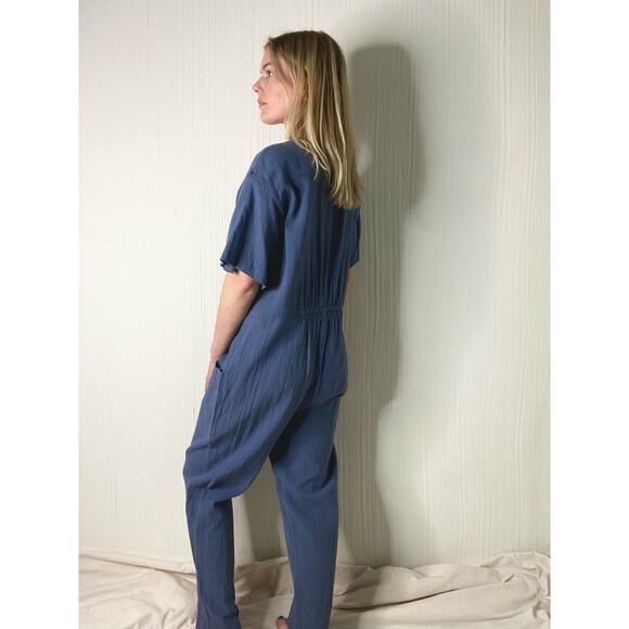 7115 BY SZEKI Mechanic Blue Linen Gauze Short Sleeve Jumpsuit US SMALL - Picture 5 of 11